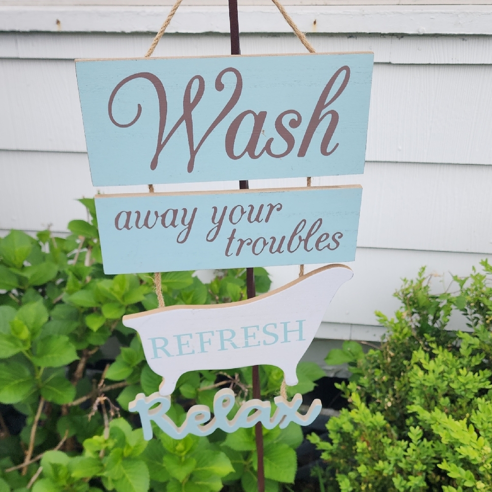Wash Away Your Troubles GUC Blue and White Decorative Wooden Sign